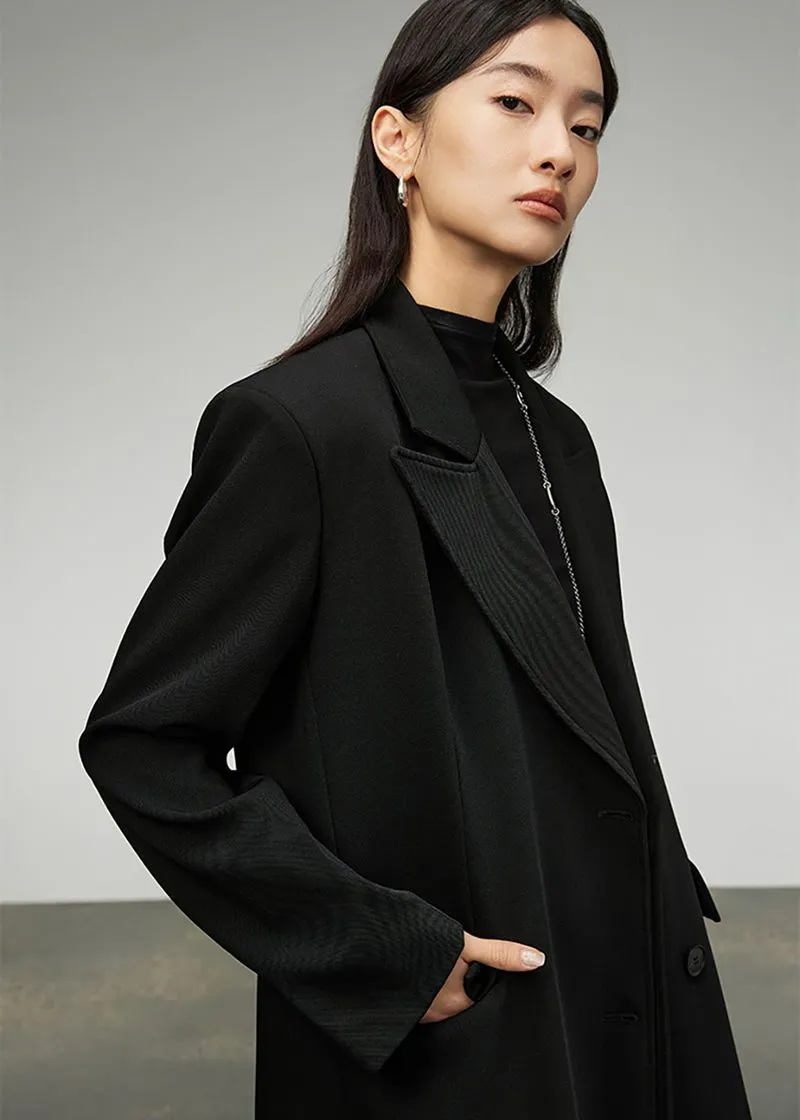 Valda Black Double Breasted Long Trench Coat