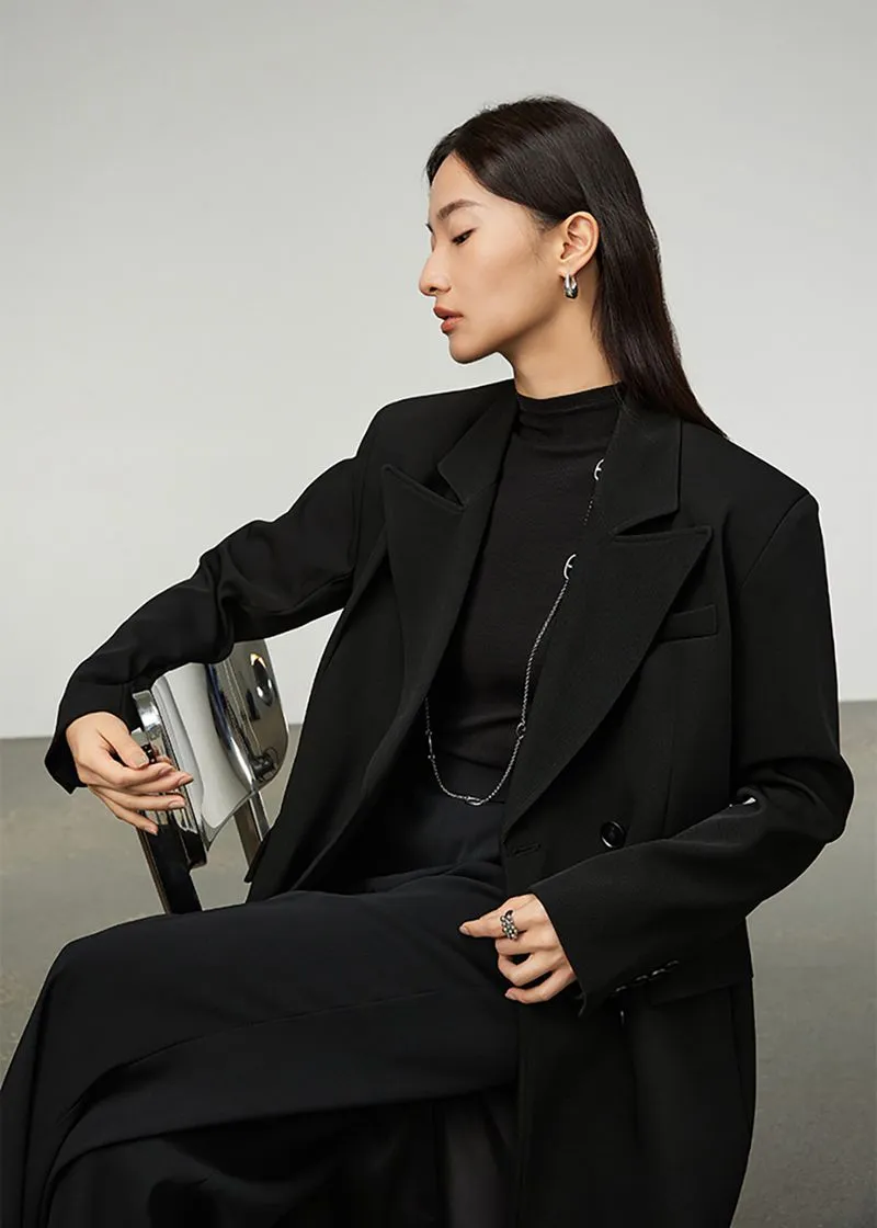 Valda Black Double Breasted Long Trench Coat