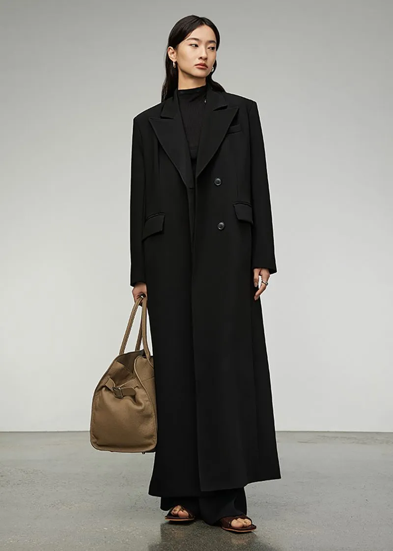 Valda Black Double Breasted Long Trench Coat