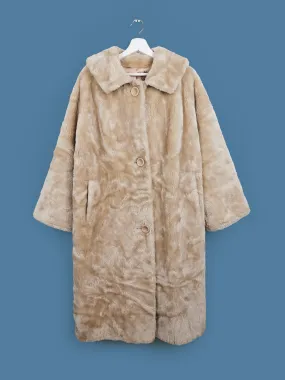 Vintage 80's BORGANA Faux Fur Long Coat Plush Beige Nude - size M-L