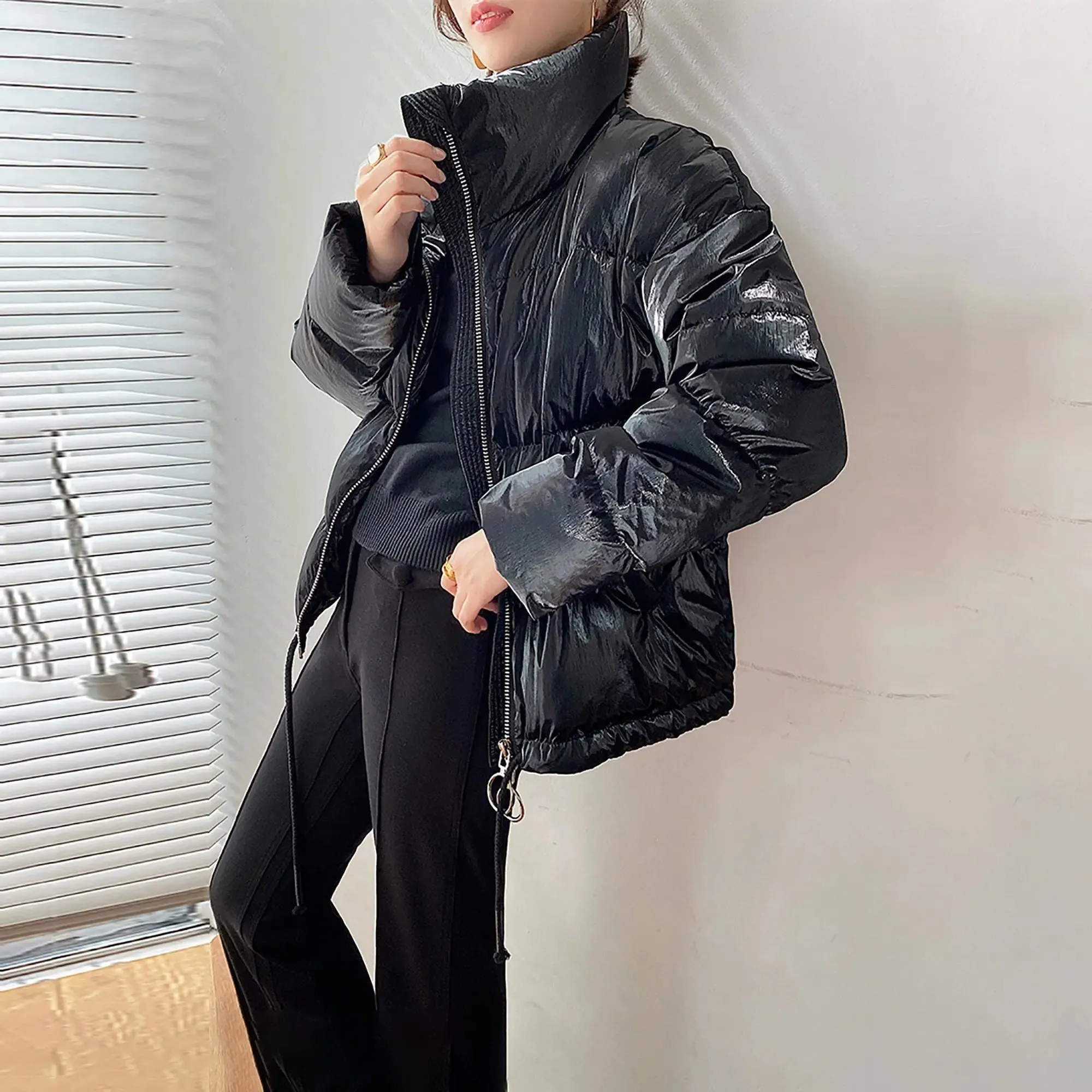 Women Black down Jacket,Short down Coat,Warm Down Puffer Coat,Shiny Down Jacket,Casual Warm Puffy Coat,Quilted Down Padded Coat,Winter Coat