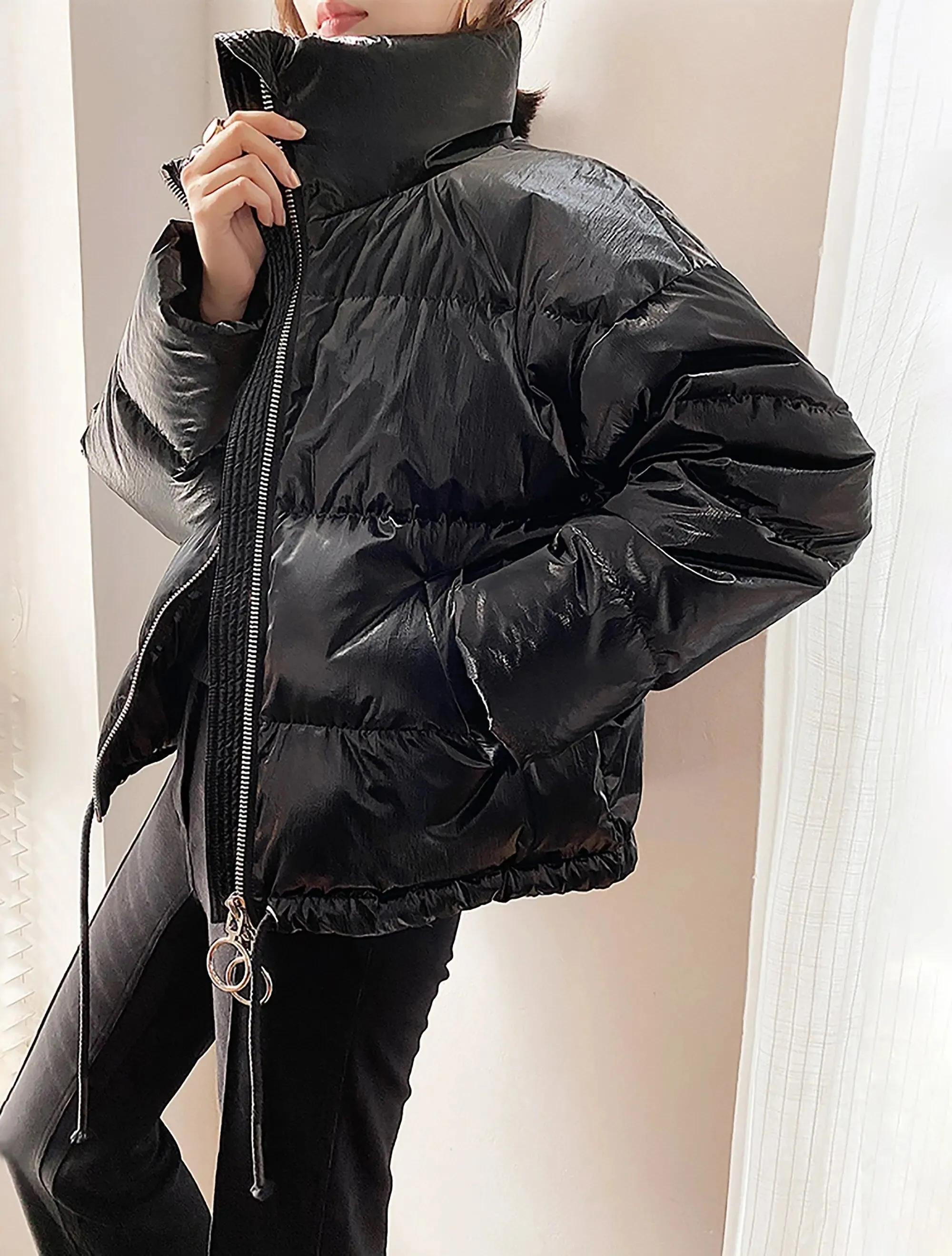 Women Black down Jacket,Short down Coat,Warm Down Puffer Coat,Shiny Down Jacket,Casual Warm Puffy Coat,Quilted Down Padded Coat,Winter Coat