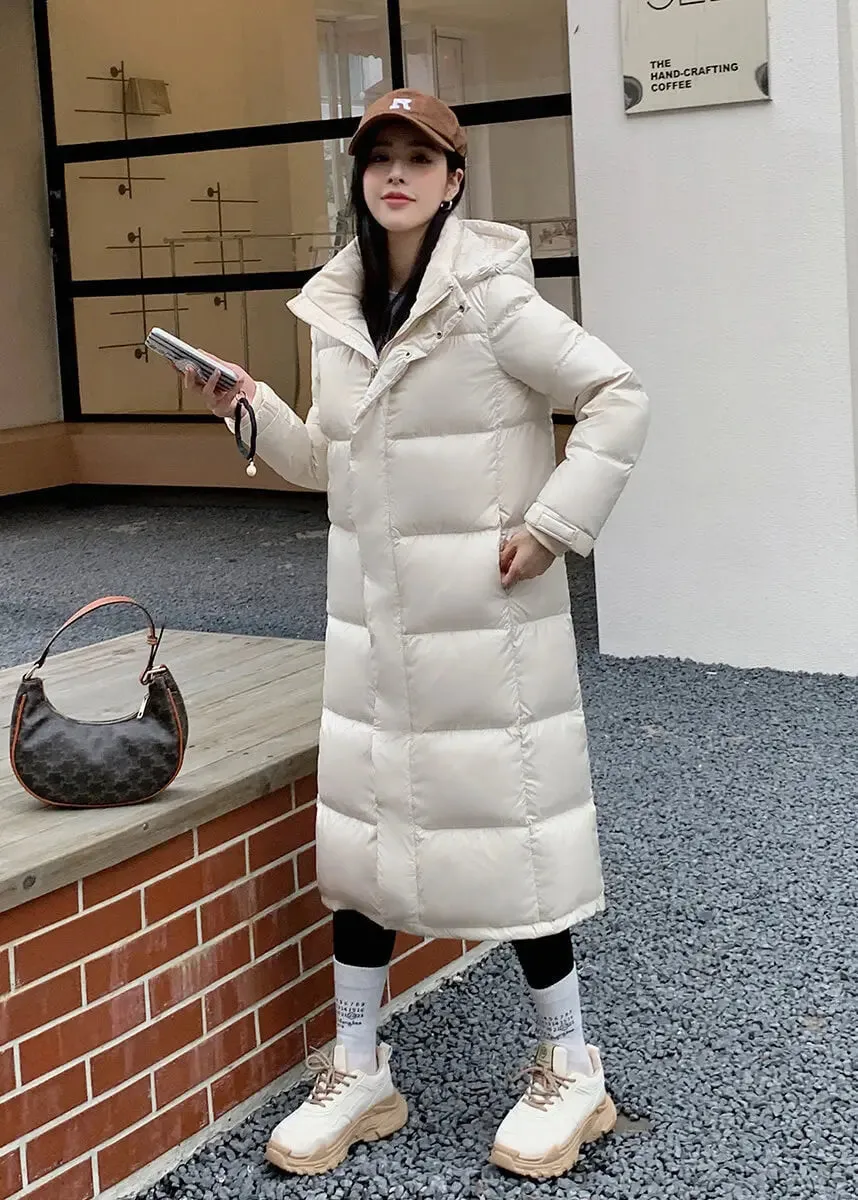 Women's Quilted Long Down Jacket,White Long Puffer Down,Quilted Down Coat