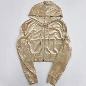 Women's Solid Crop Velour Zip Up Hoodie