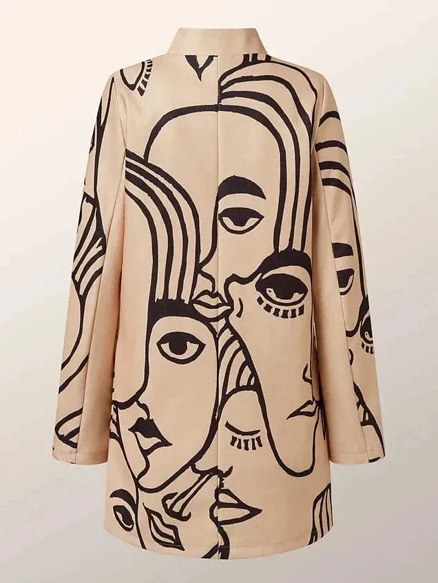 Women's Stand Collar Abstract Print Mid-Length Winter Coat