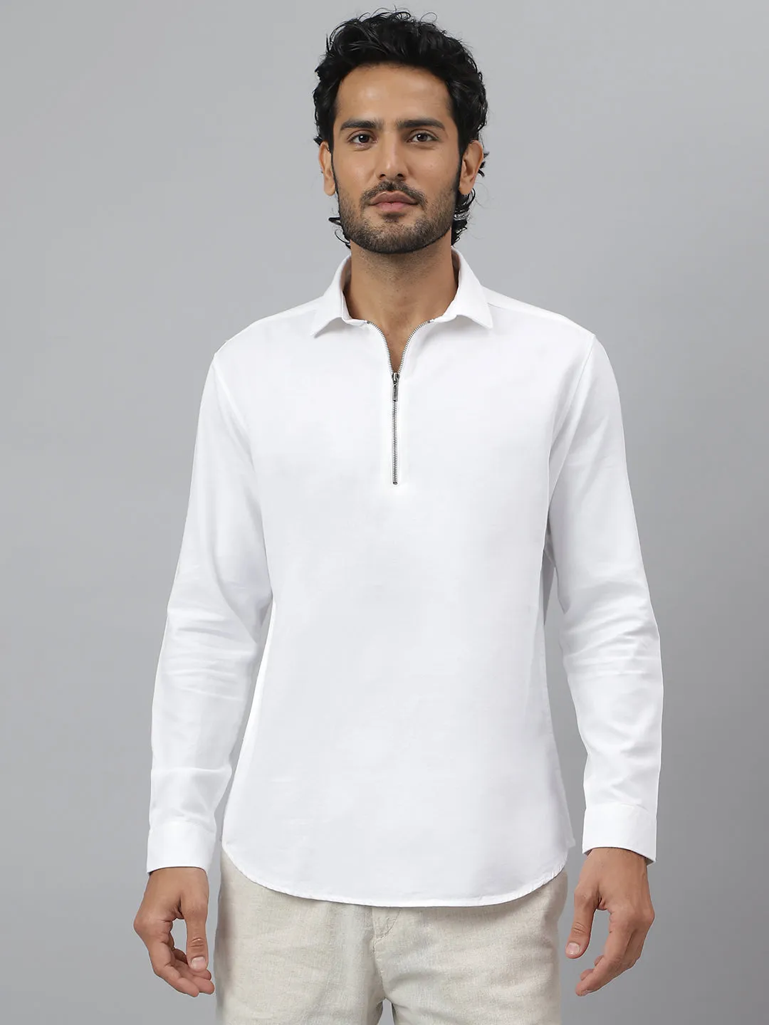 Zipper Collar Cotton Twill White Shirt - Zip Log