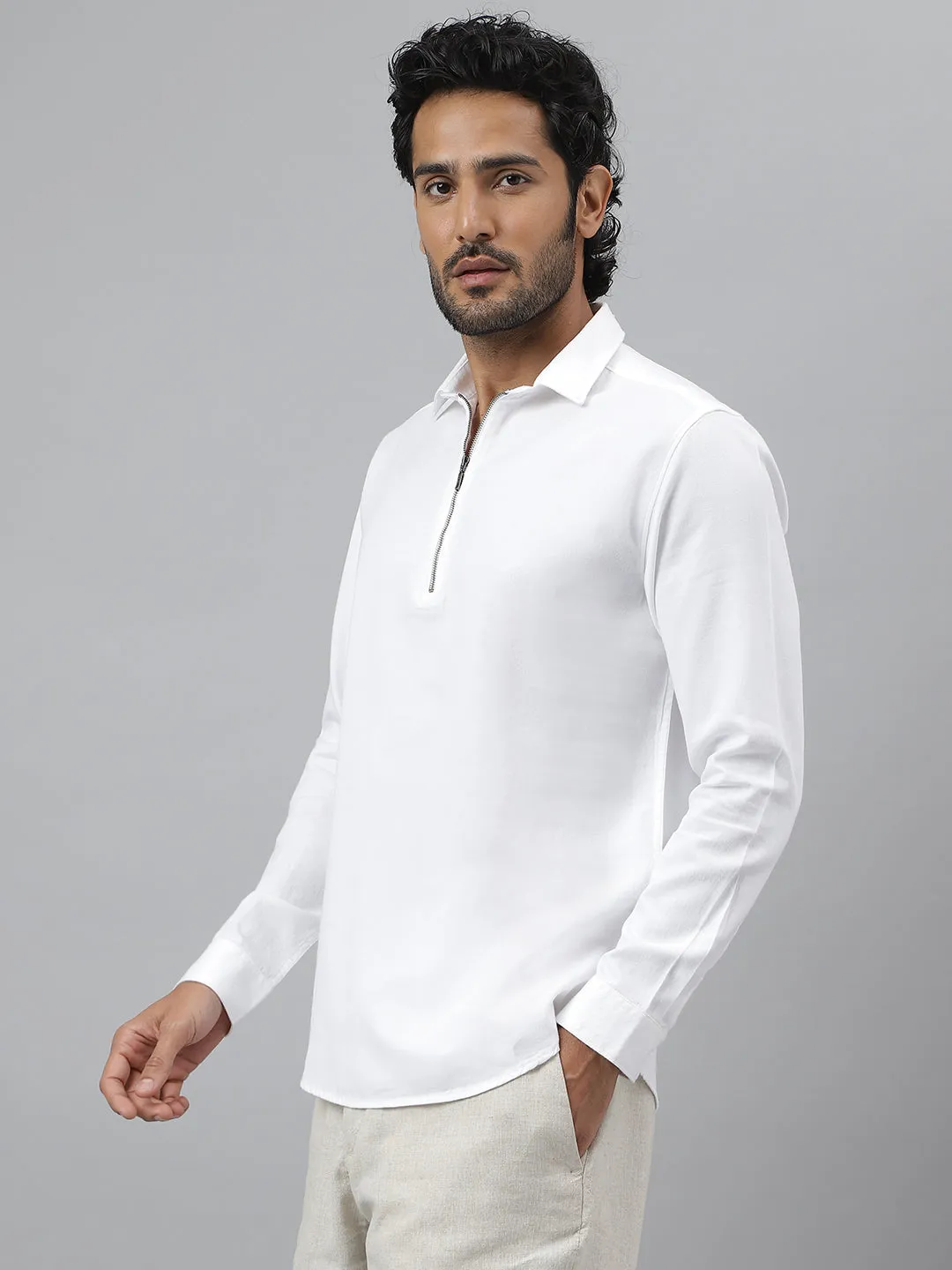 Zipper Collar Cotton Twill White Shirt - Zip Log